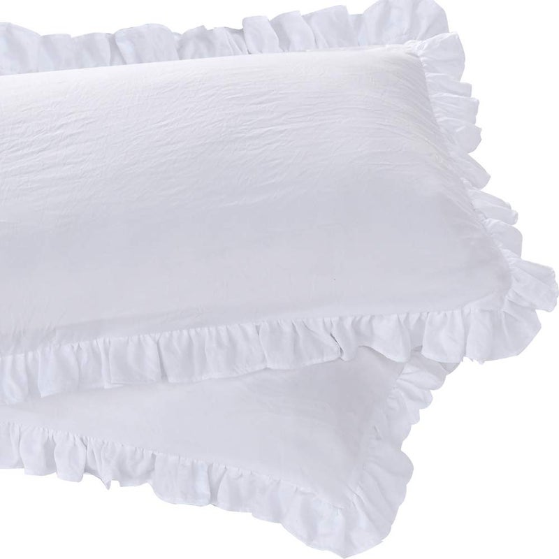 QSH Queen's House Ruffled Pillow Shams King White Shabby Set of 2 Farmhouse Pillowcases French Country Vintage Frilly Pillow Cover Polyester 20x36 - Image 1